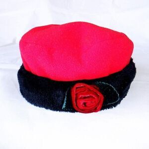 Soft pill-box style red/black rose hat